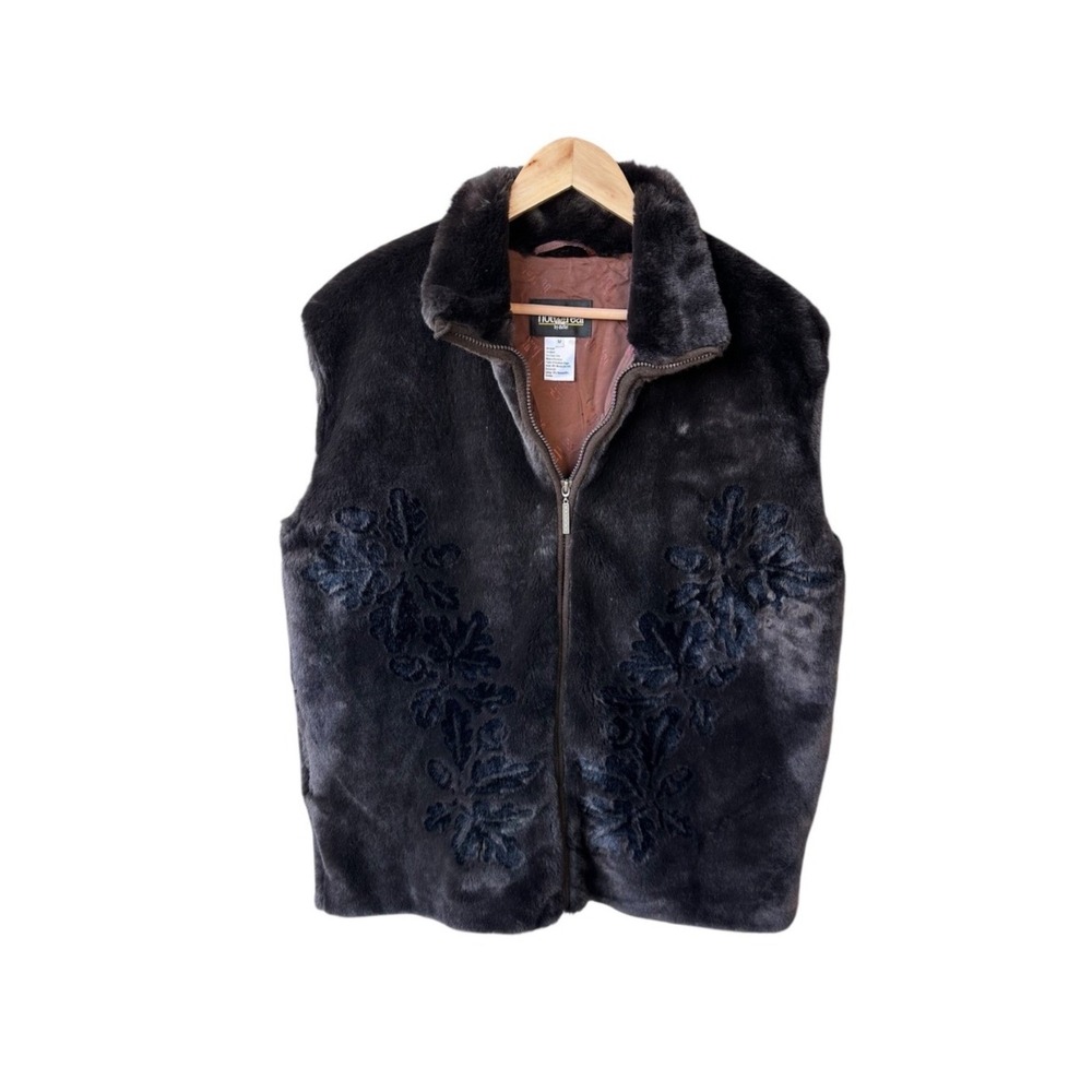 Not Fur Real by Duffel Vest Jacket Coat Brown Faux Fur Embroidered Zip Up Medium